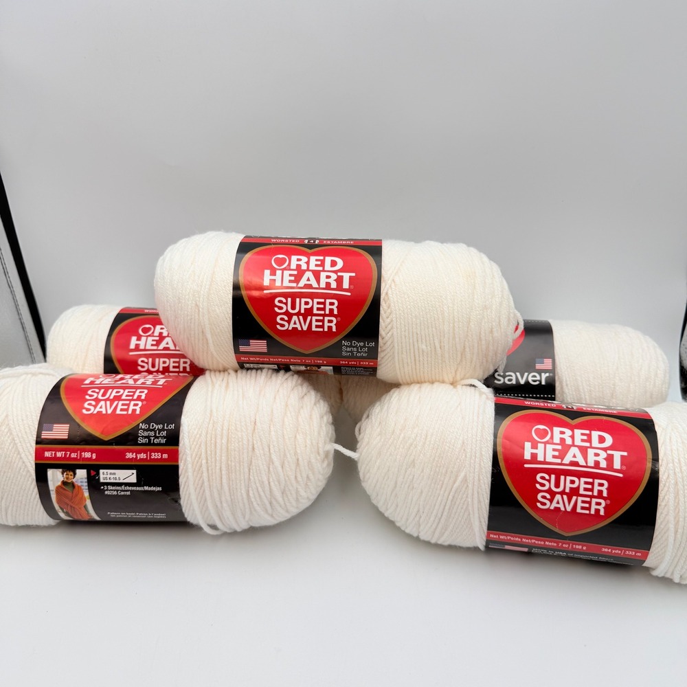 Red Heart Super Saver Yarn White 0311 Worsted 7oz 364yd Lot of 5 Skeins